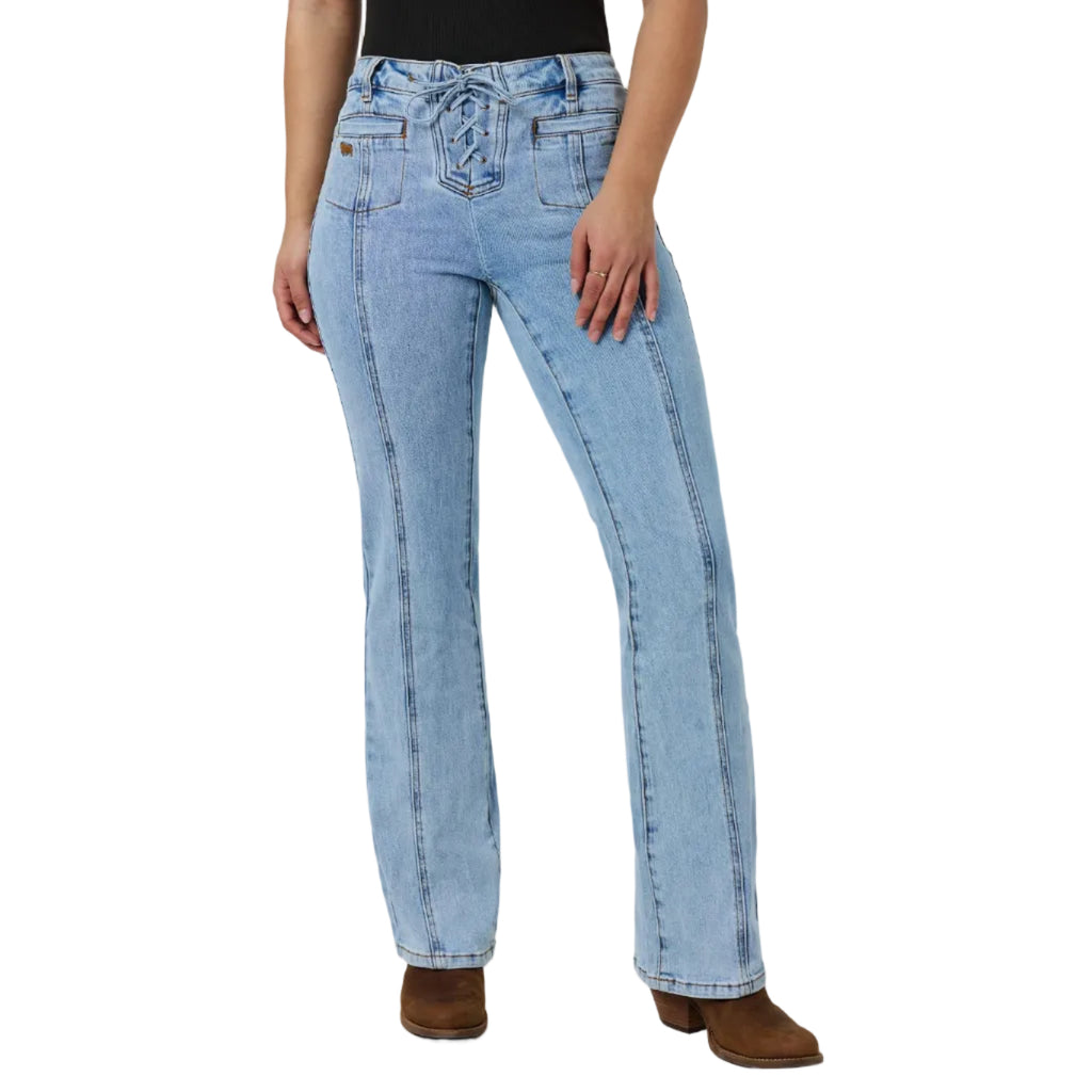 Ringers Western Womens Rodeo Rose Lace Front Mid Rise Bootleg Jeans (225160RW)  Light Blue