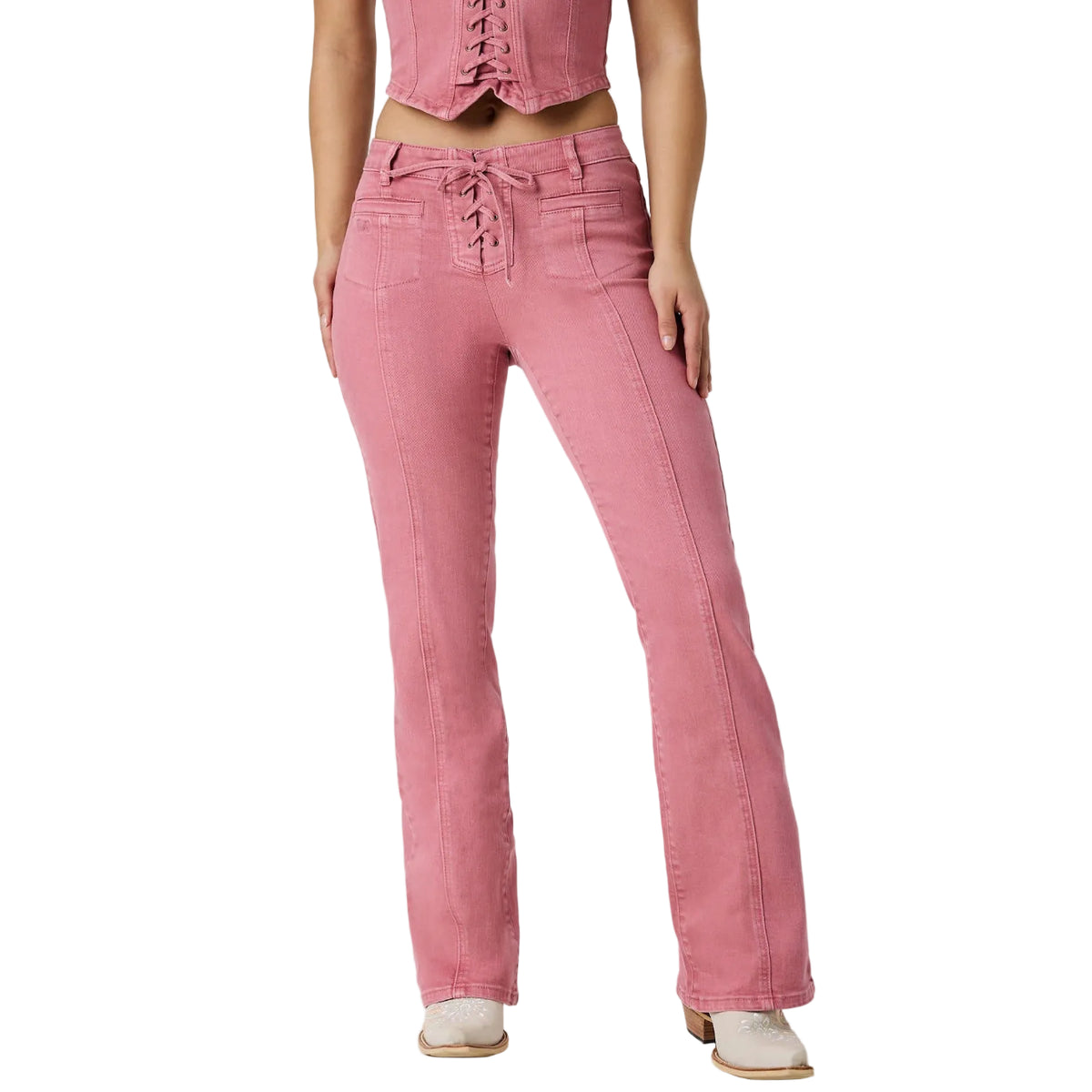 Ringers Western Womens Rodeo Rose Lace Front Mid Rise Bootleg Jeans (225160RW)  Washed Pink