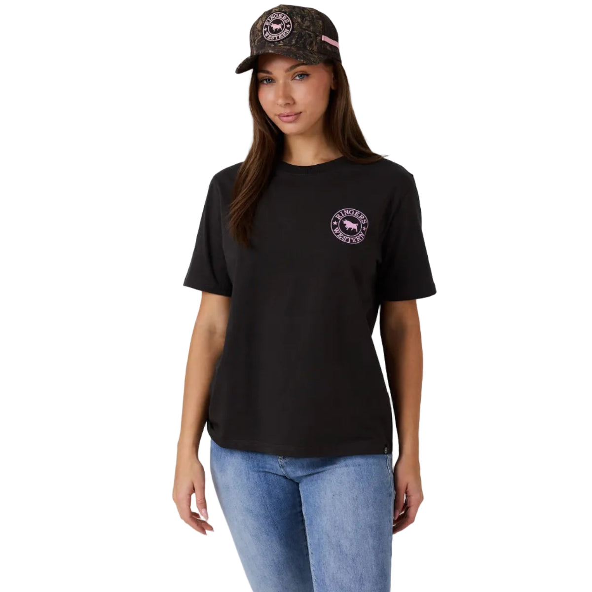 Ringers Western Womens Signature Bull Loose S/S Tee (220018RW) Charcoal/Pink Camo