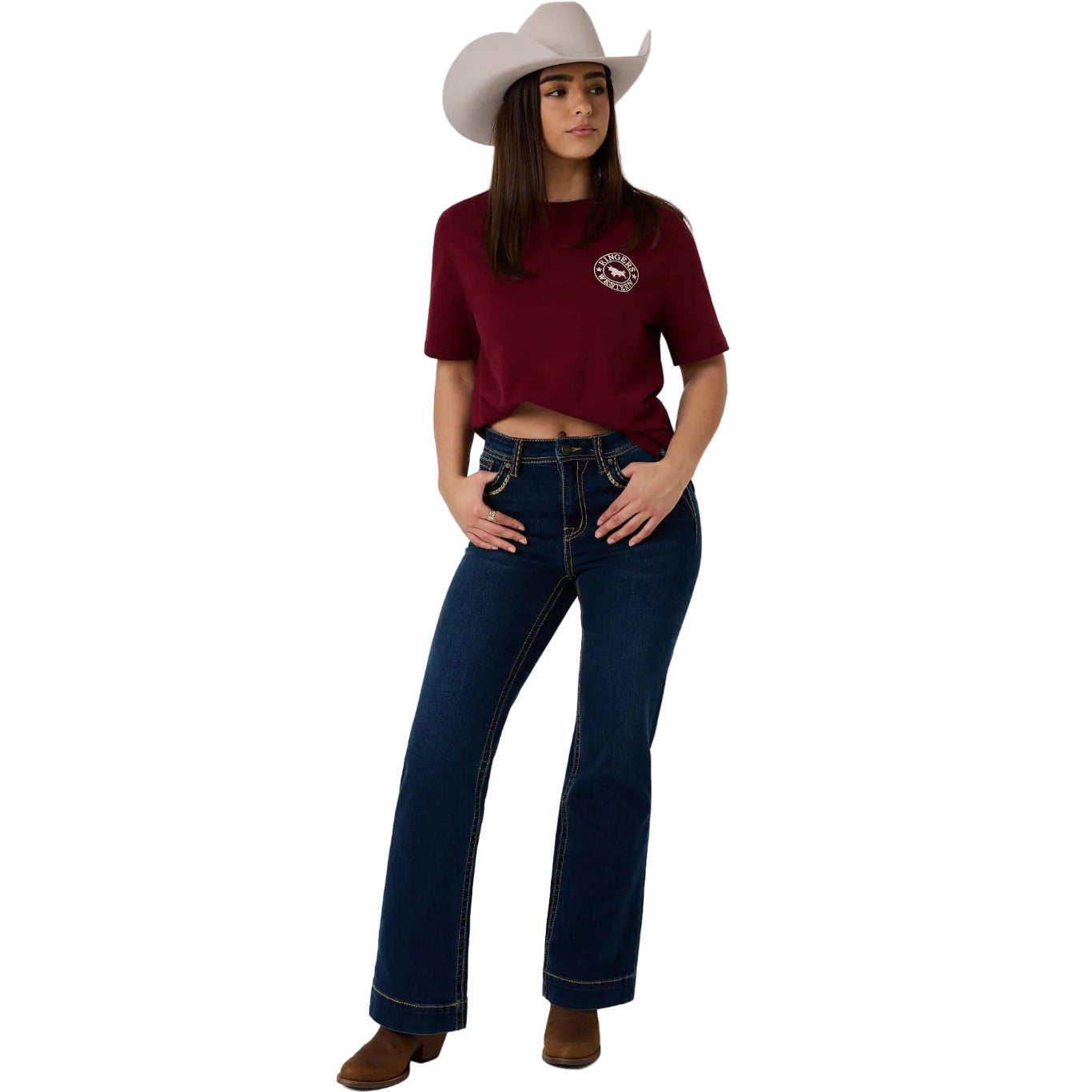 Ringers Western Womens Signature Bull S/S Loose Fit Tee (220018RW)  Plum/Beige
