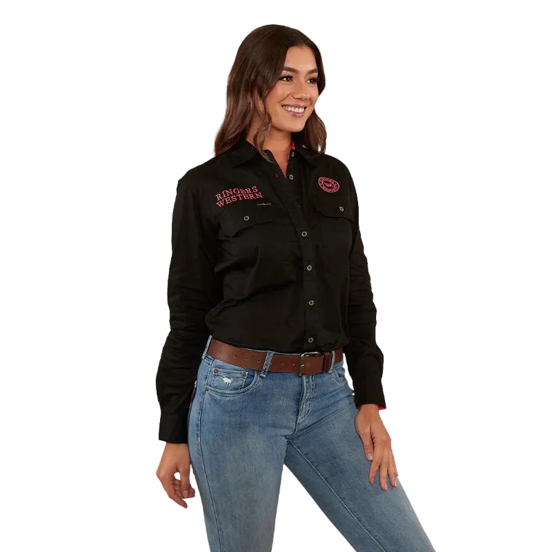 Ringers Western Womens Signature Jillaroo Full Button L/S Work Shirt (218110002) Black/Melon Embroidery