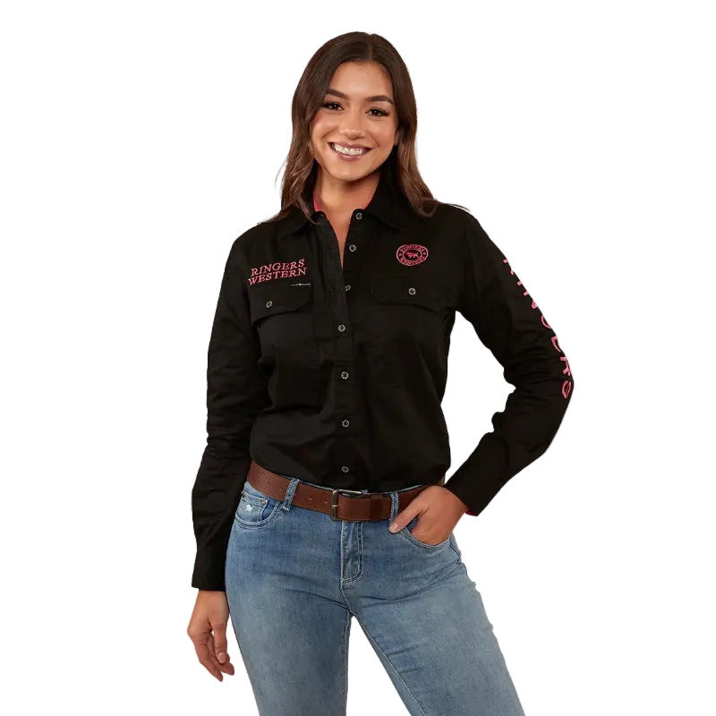 Ringers Western Womens Signature Jillaroo Full Button Work Shirt (218110002) Black/Melon Embroidery 6