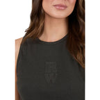 Black sleeveless top with a logo on a plain background