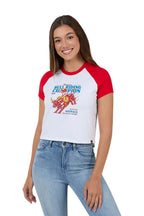 Woman wearing a white and red t-shirt with a graphic design on a white background