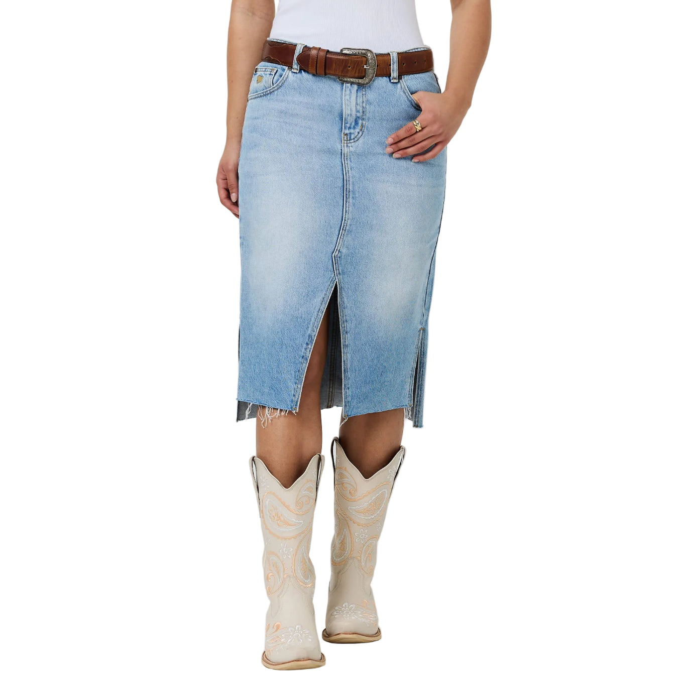 Ringers Western Womens Zarah Mid Rise Midi Skirt (225152RW)  Vintage Light Blue
