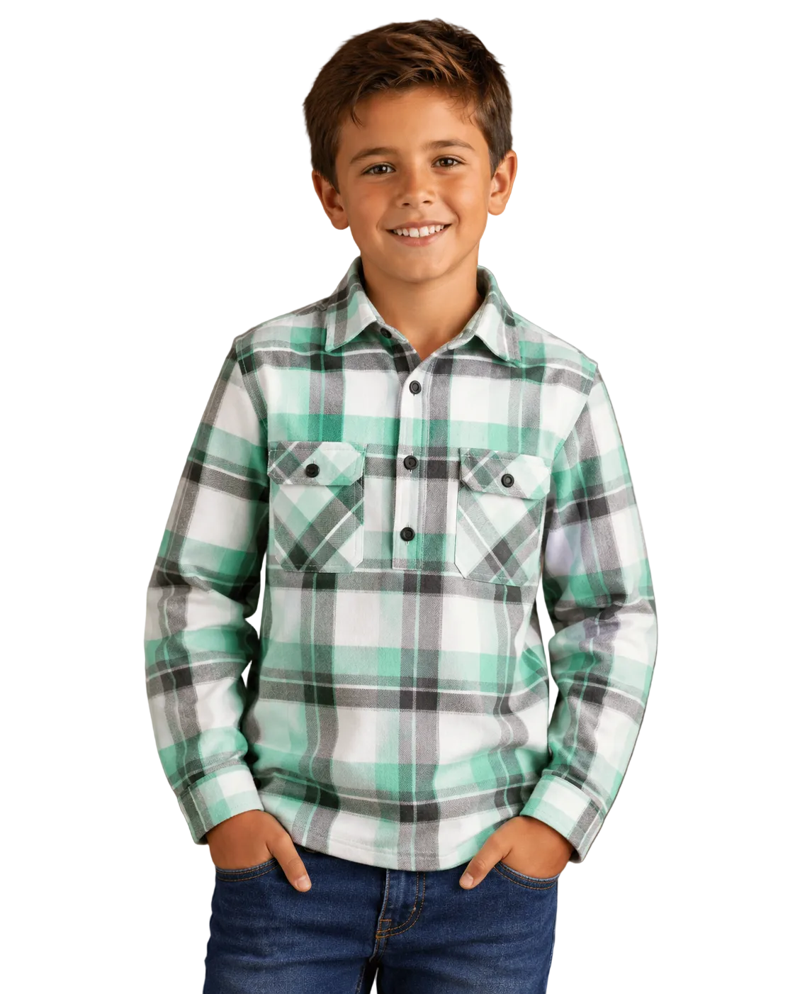 Ritemate Childrens Pilbara Closed Front L/S Flannelette Shirt (RM123KCF) Beach Glass/Grey/White