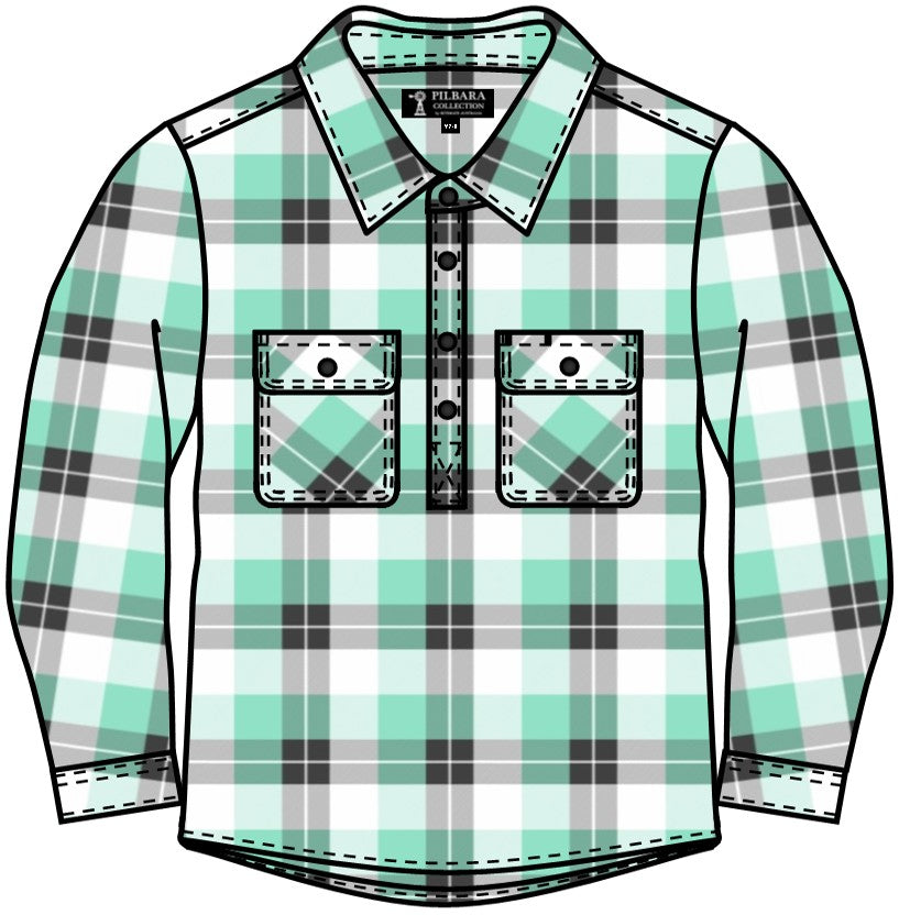 Ritemate Childrens Pilbara Closed Front L/S Flannelette Shirt (RM123KCF) Beach Glass/Grey/White