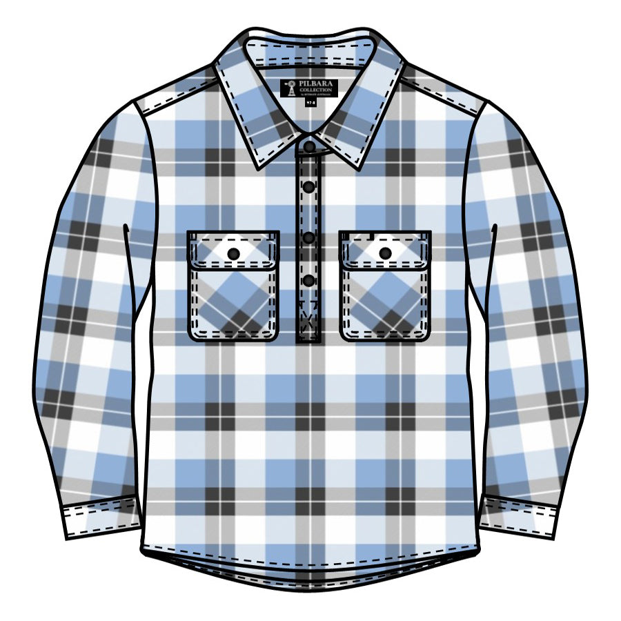 Ritemate Childrens Pilbara Closed Front L/S Flannelette Shirt (RM123KCF) Cerulean/Grey/White