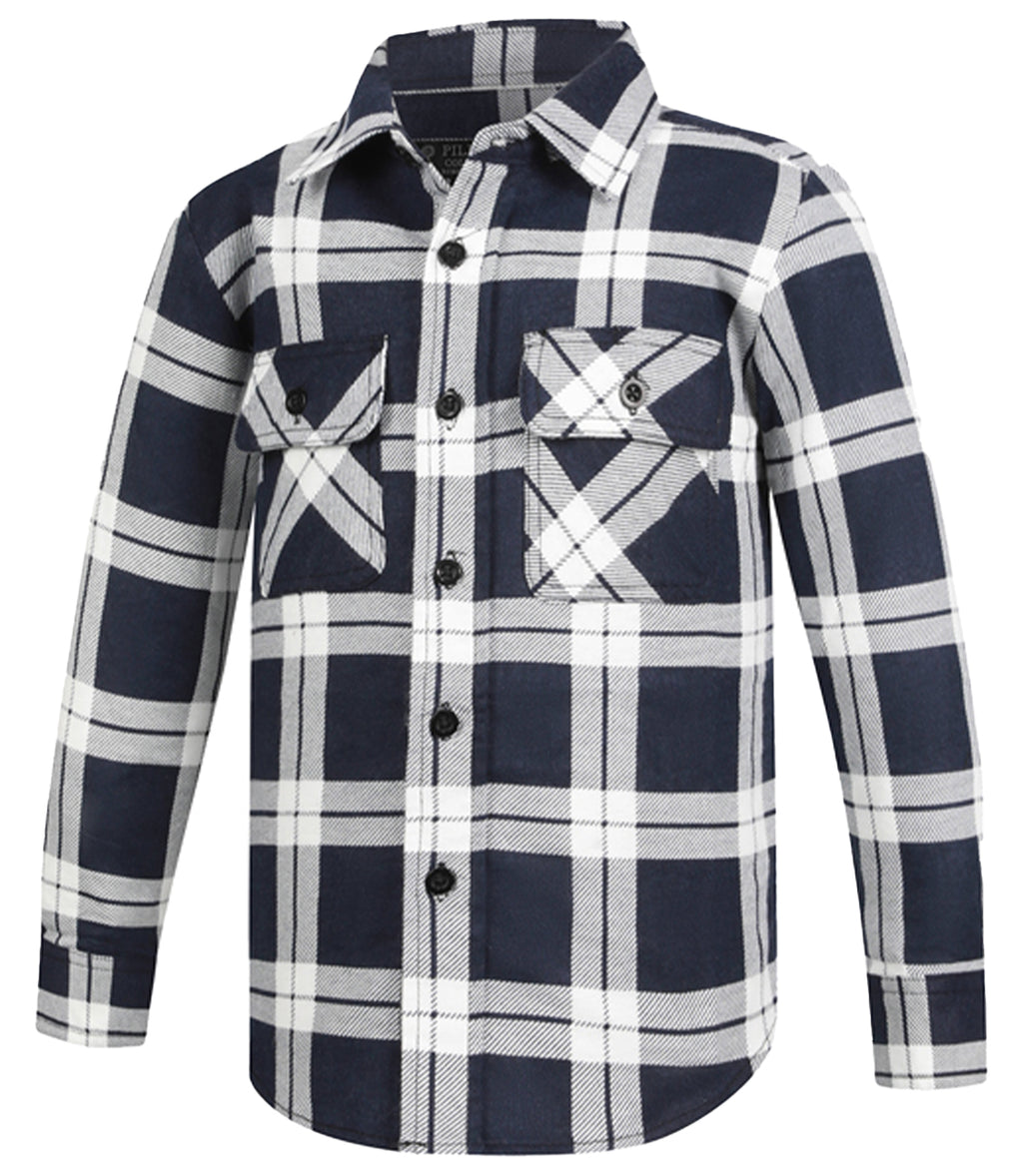 The Ritemate Childrens Pilbara Open Front L/S Flannelette Shirt (RM123SKO) in navy and white features a classic check design, long sleeves, two front chest pockets, and black buttons.