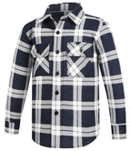 The Ritemate Childrens Pilbara Open Front L/S Flannelette Shirt (RM123SKO) in navy and white features a classic check design, long sleeves, two front chest pockets, and black buttons.