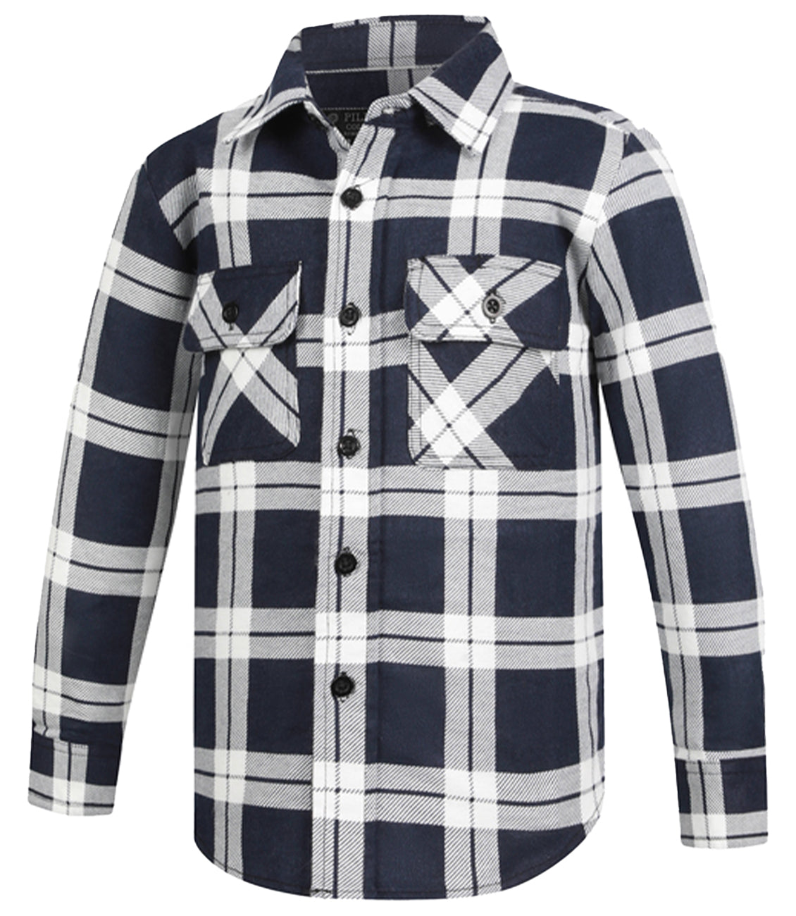 The Ritemate Childrens Pilbara Open Front L/S Flannelette Shirt (RM123SKO) in navy and white features a classic check design, long sleeves, two front chest pockets, and black buttons.