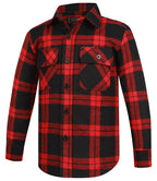The Ritemate Childrens Pilbara Open Front L/S Flannelette Shirt (RM123SKO) in red/black is a soft cotton long-sleeve shirt with a check pattern and two chest pockets with buttoned flaps.