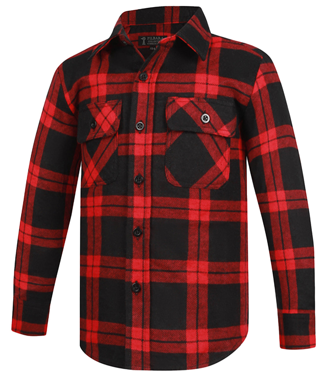 The Ritemate Childrens Pilbara Open Front L/S Flannelette Shirt (RM123SKO) in red/black is a soft cotton long-sleeve shirt with a check pattern and two chest pockets with buttoned flaps.