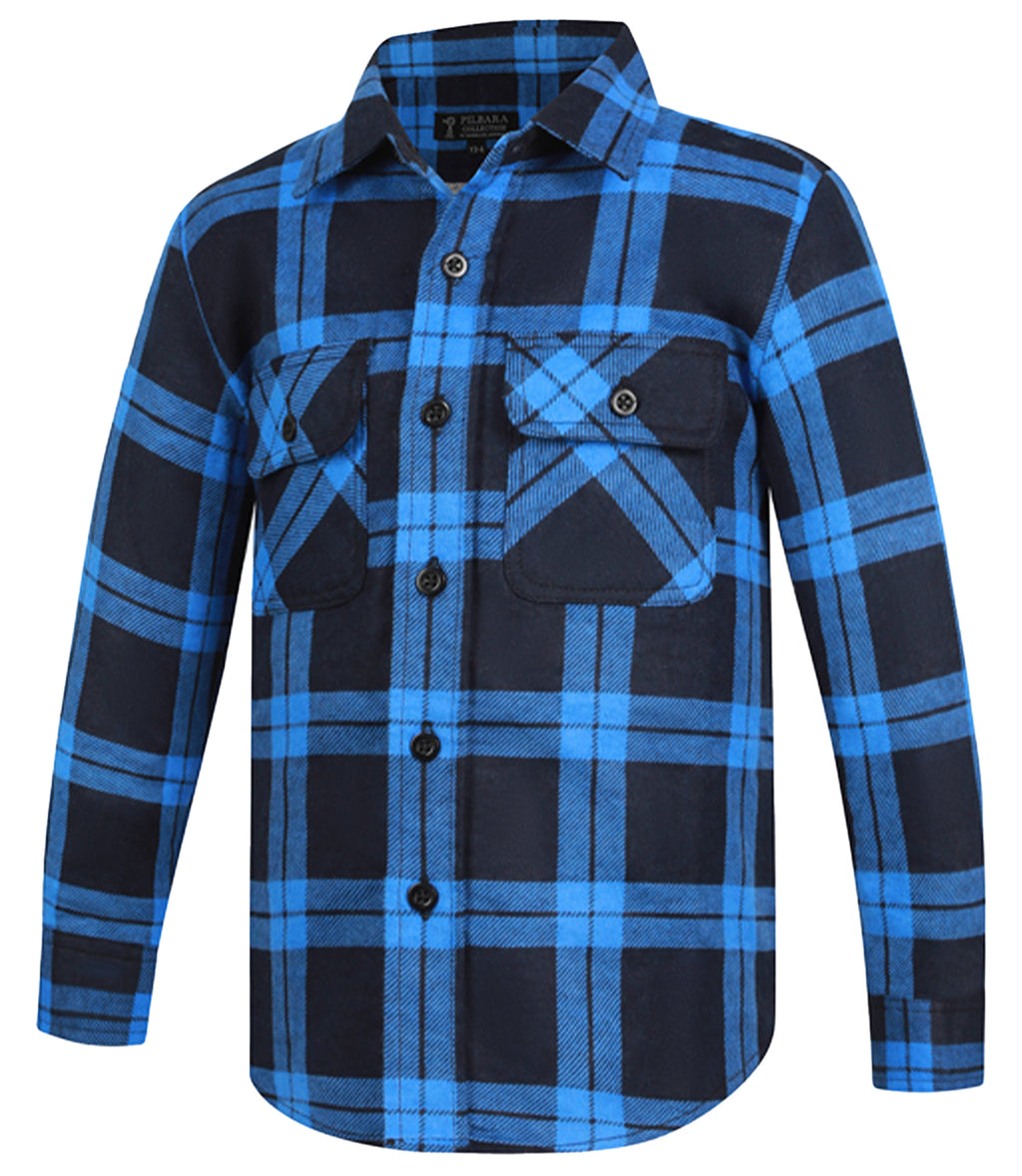 The Ritemate Childrens Pilbara Open Front L/S Flannelette Shirt (RM123SKO) in Royal/Navy is a long-sleeve, button-up cotton shirt with blue and black plaid, two chest pockets, a collar, and UPF 50+ sun protection.
