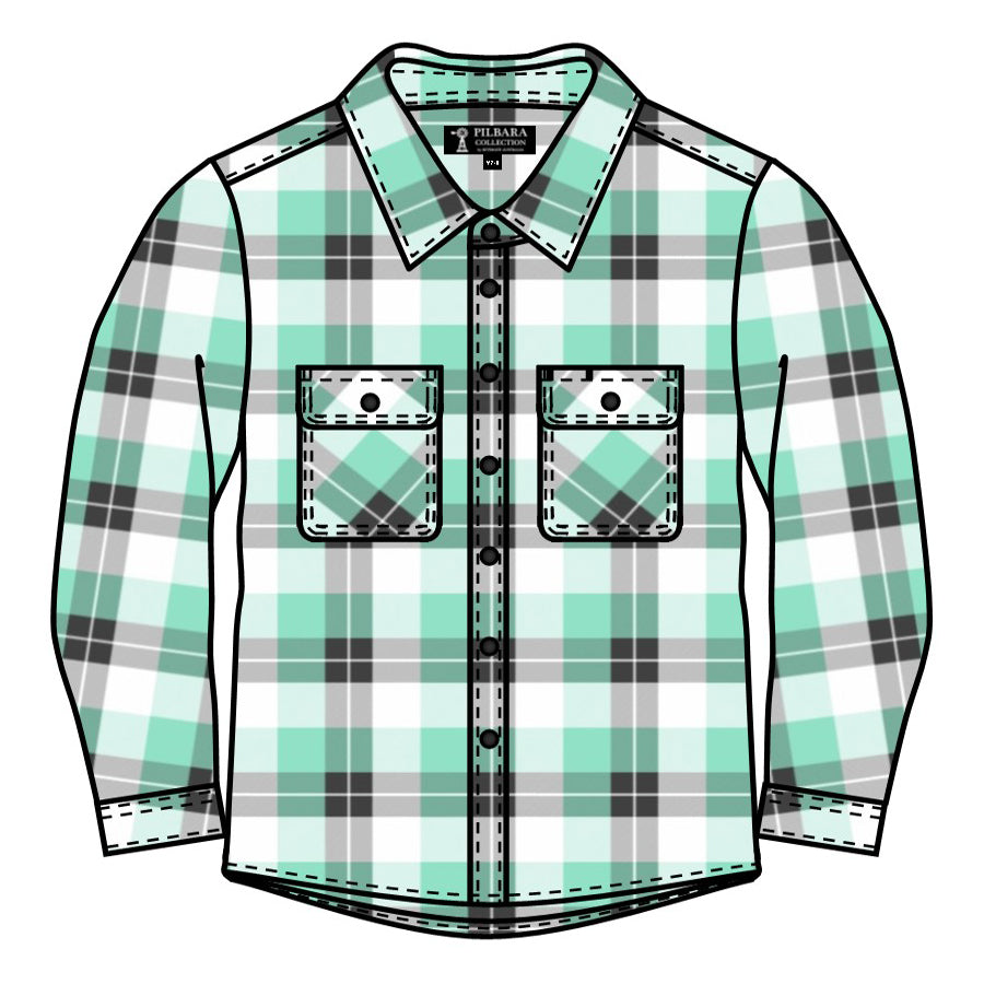 Ritemate Childrens Pilbara Open Front L/S Flannelette Shirt (RM123KOF) Beach Glass/Grey/White