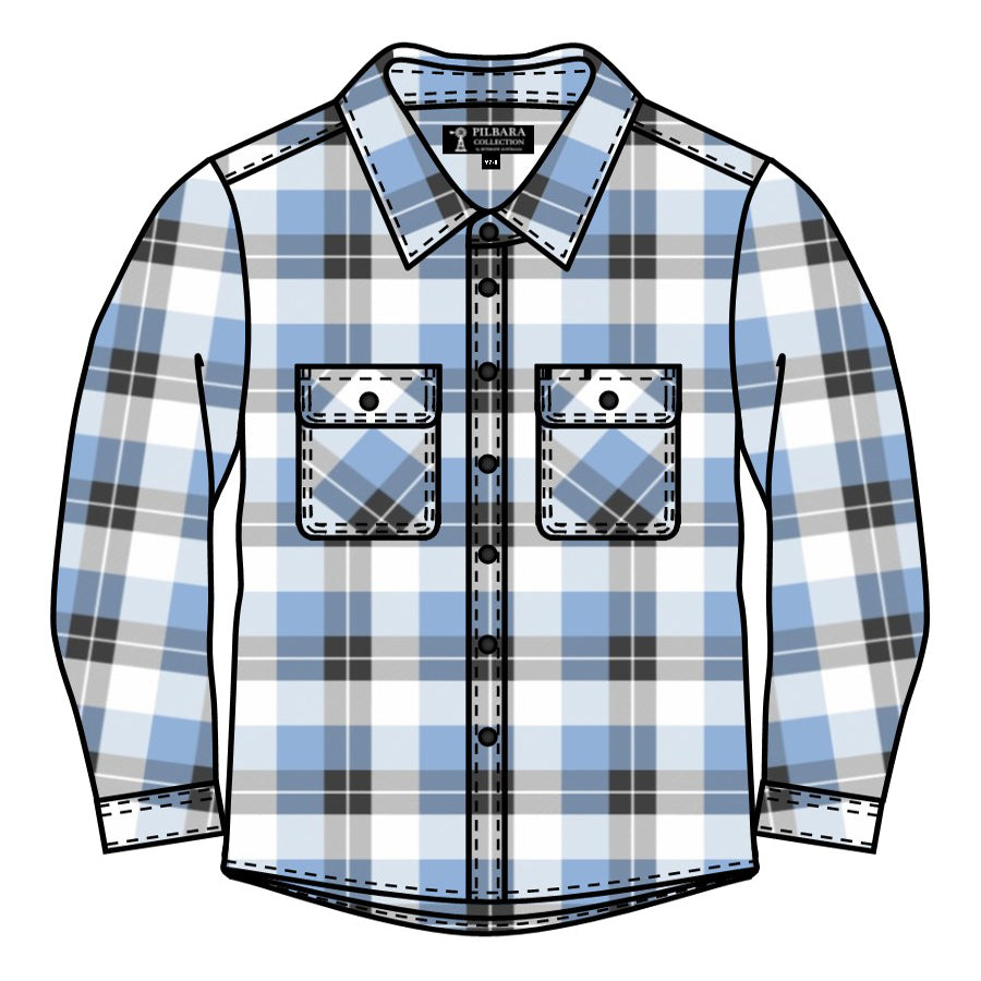 Ritemate Childrens Pilbara Open Front L/S Flannelette Shirt (RM123KOF) Cerulean/Grey/White