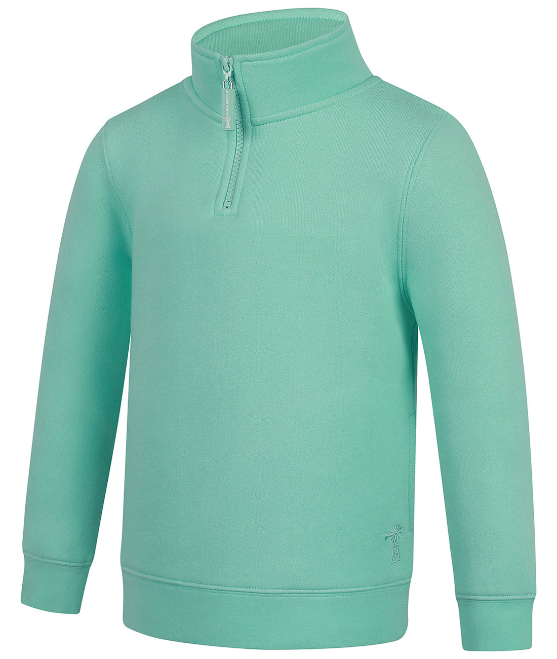 The Ritemate Childrens Pilbara Zipped Closed Front Fleece Pullover (RMPC161) in Beach Glass is a soft cotton fleece, long-sleeve sweatshirt with a YKK quarter-zip collar and ribbed cuffs by Ritemate, shown on a plain white background.