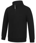 The Ritemate Childrens Pilbara Zipped Closed Front Fleece Pullover (RMPC161) in black features a high collar, YKK half-zip front, ribbed cuffs and hem, and a classic fit for kids—perfect for added comfort.