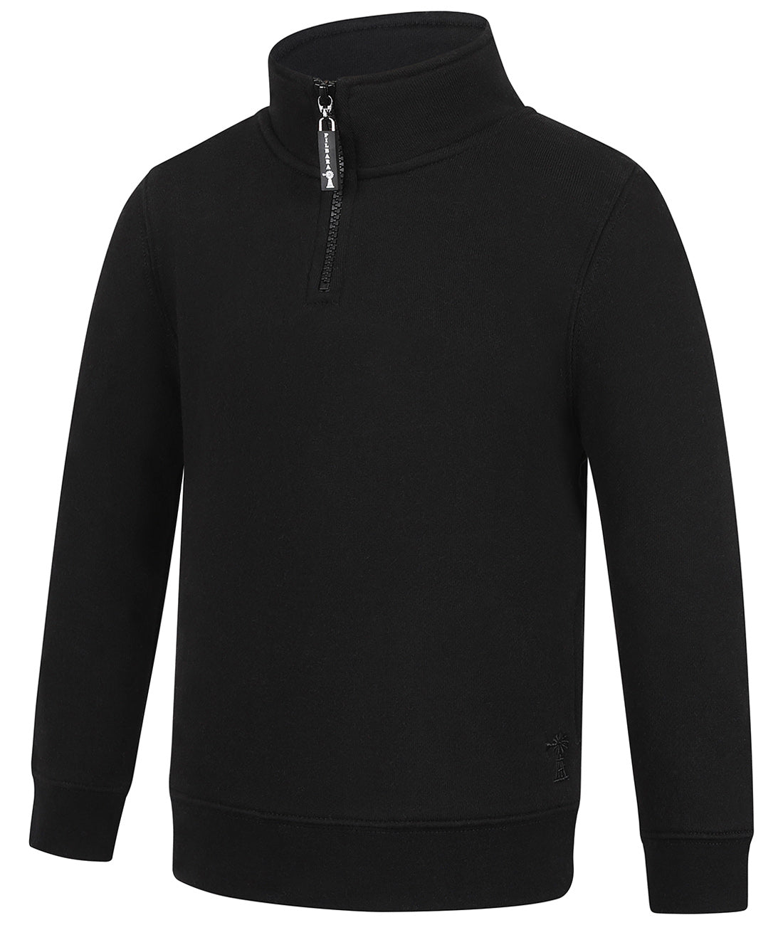 The Ritemate Childrens Pilbara Zipped Closed Front Fleece Pullover (RMPC161) in black features a high collar, YKK half-zip front, ribbed cuffs and hem, and a classic fit for kids—perfect for added comfort.