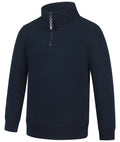 The Ritemate Childrens Pilbara Zipped Closed Front Fleece Pullover (RMPC161) in French Navy is a classic fit, long-sleeved cotton fleece top with ribbed cuffs and hem, a half-zip YKK front, high collar, and small embroidered logo near the bottom.