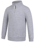 The Ritemate Childrens Pilbara Zipped Closed Front Fleece Pullover (RMPC161) in Grey Marle features a stand-up collar, YKK quarter zip, long sleeves, classic fit, cotton fleece fabric, and a small embroidered front logo.