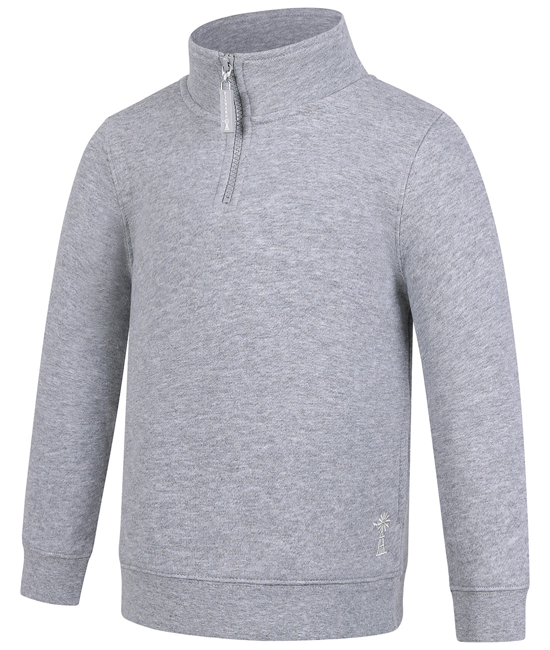 The Ritemate Childrens Pilbara Zipped Closed Front Fleece Pullover (RMPC161) in Grey Marle features a stand-up collar, YKK quarter zip, long sleeves, classic fit, cotton fleece fabric, and a small embroidered front logo.