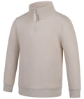 The Ritemate Childrens Pilbara Zipped Closed Front Fleece Pullover (RMPC161) in Pumice Stone is a light beige, classic fit sweatshirt with a high collar, short YKK zipper, ribbed cuffs and hem, and a small embroidered logo near the bottom left.