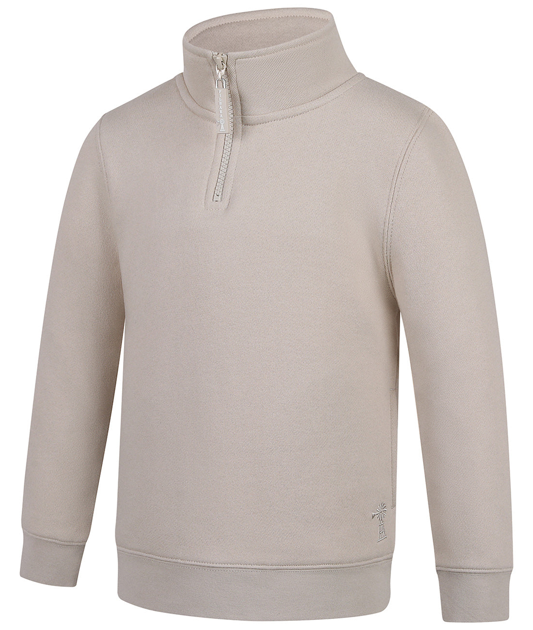 The Ritemate Childrens Pilbara Zipped Closed Front Fleece Pullover (RMPC161) in Pumice Stone is a light beige, classic fit sweatshirt with a high collar, short YKK zipper, ribbed cuffs and hem, and a small embroidered logo near the bottom left.