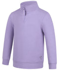 The Ritemate Childrens Pilbara Zipped Closed Front Fleece Pullover (RMPC161) in Purple Rose features a high collar, partial YKK zipper, soft thick cotton fleece, classic fit, and a small embroidered logo near the lower hem.