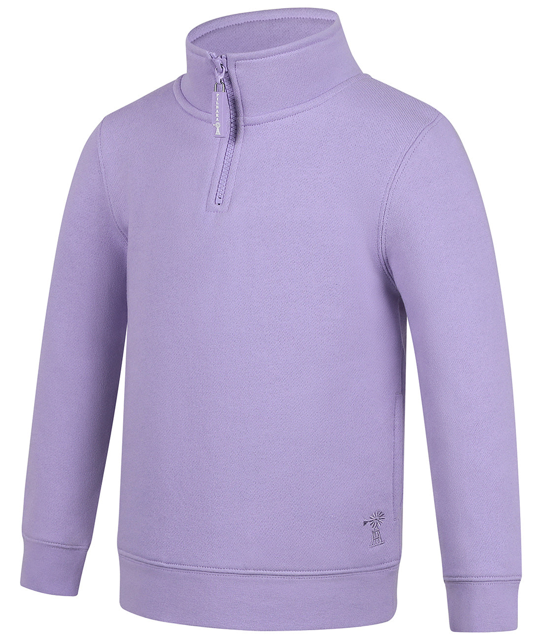 The Ritemate Childrens Pilbara Zipped Closed Front Fleece Pullover (RMPC161) in Purple Rose features a high collar, partial YKK zipper, soft thick cotton fleece, classic fit, and a small embroidered logo near the lower hem.