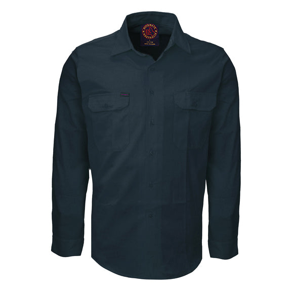 A bottle Ritemate Open Front Heavy Weight Long Sleeve Work Shirt (RM1000) with two chest pockets, displayed on a clean white background.