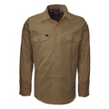 A khaki Ritemate Open Front Heavy Weight Long Sleeve Work Shirt (RM1000) with two chest pockets, displayed on a clean white background.