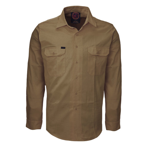 A khaki Ritemate Open Front Heavy Weight Long Sleeve Work Shirt (RM1000) with two chest pockets, displayed on a clean white background.