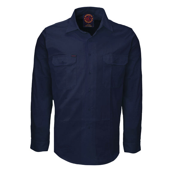 A navy blue Ritemate Open Front Heavy Weight Long Sleeve Work Shirt (RM1000) with two chest pockets, displayed on a clean white background.