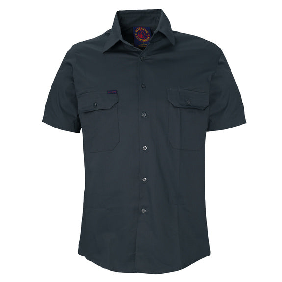A bottle green Ritemate Open Front Heavy Weight Short Sleeve Work Shirt (RM1000S) with two chest pockets, displayed on a clean white background.
