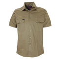A khaki Ritemate Open Front Heavy Weight Short Sleeve Work Shirt (RM1000S) with two chest pockets, displayed on a clean white background.