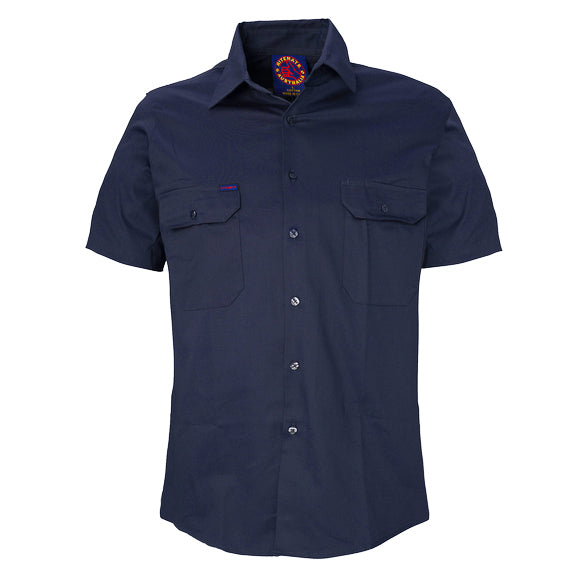 A navy blue Ritemate Open Front Heavy Weight Short Sleeve Work Shirt (RM1000S) with two chest pockets, displayed on a clean white background.