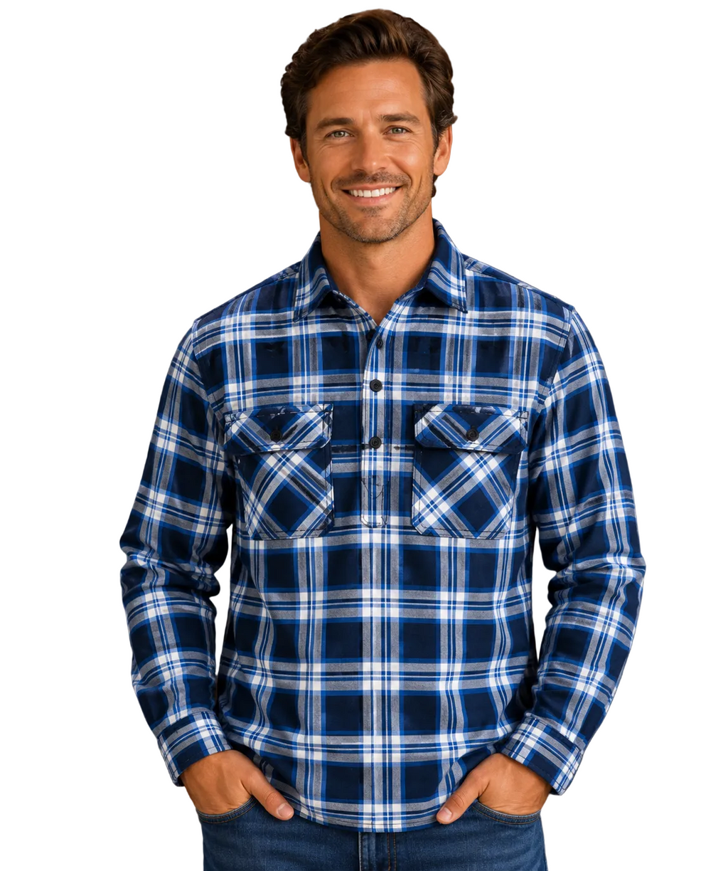 Ritemate Mens Pilbara Closed Front L/S Flannelette Shirt (RM123FCF) Royal/Navy/White