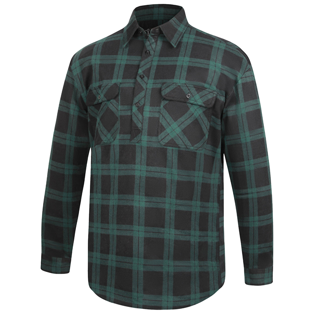 The Ritemate Mens Pilbara Closed Front L/S Flannelette Shirt (RM123SCF) in green/black offers durable, classic style with long sleeves, a button-up front, and twin chest pockets—ideal for tough workwear.