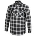 The Ritemate Mens Pilbara Closed Front L/S Flannelette Shirt (RM123SCF) in Grey/Black features long sleeves and two chest pockets, shown on a plain white background.