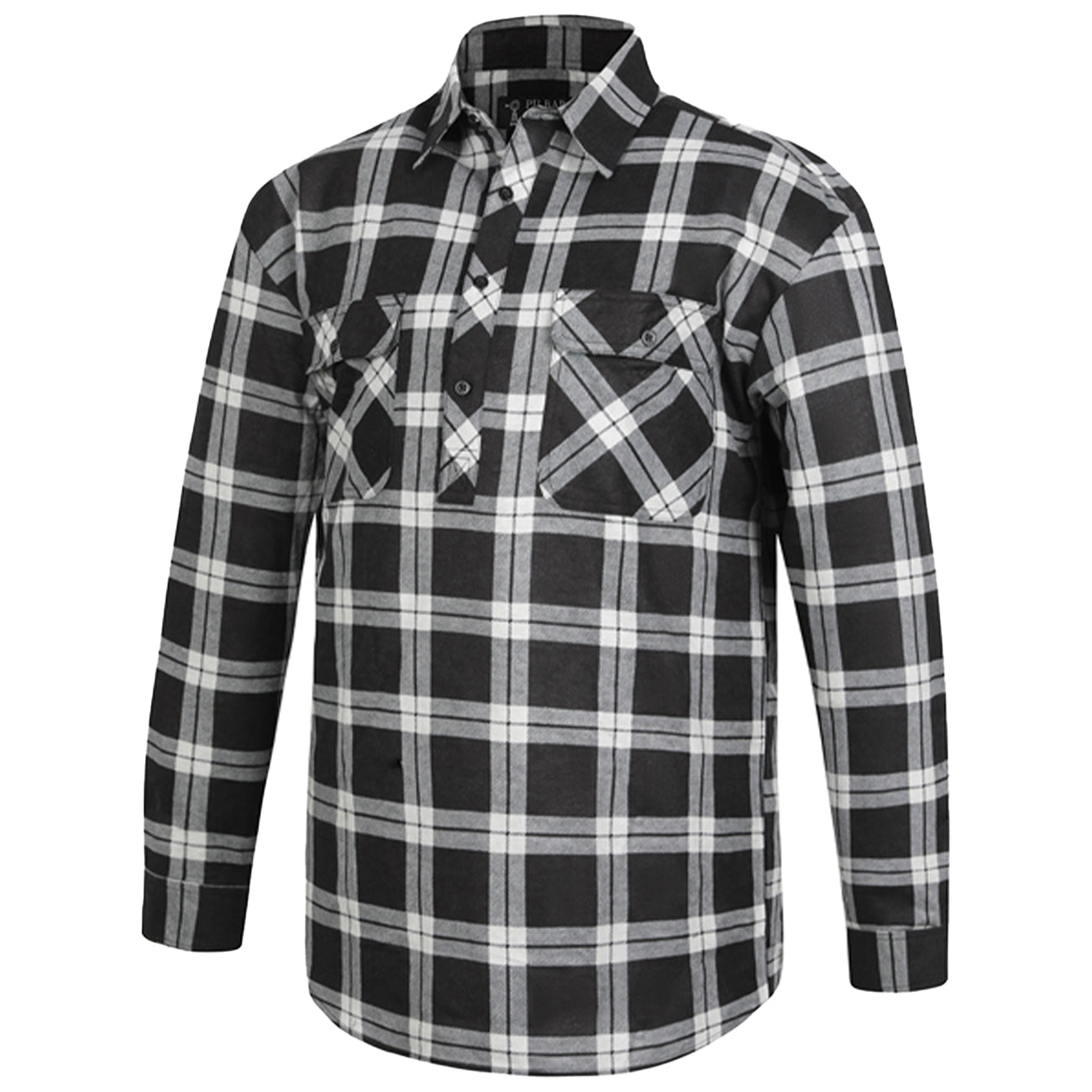 The Ritemate Mens Pilbara Closed Front L/S Flannelette Shirt (RM123SCF) in Grey/Black features long sleeves and two chest pockets, shown on a plain white background.