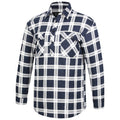The Ritemate Mens Pilbara Closed Front L/S Flannelette Shirt (RM123SCF) in navy/white is a long-sleeve men's shirt featuring a button-up front, two chest pockets with button flaps, and a plaid pattern.