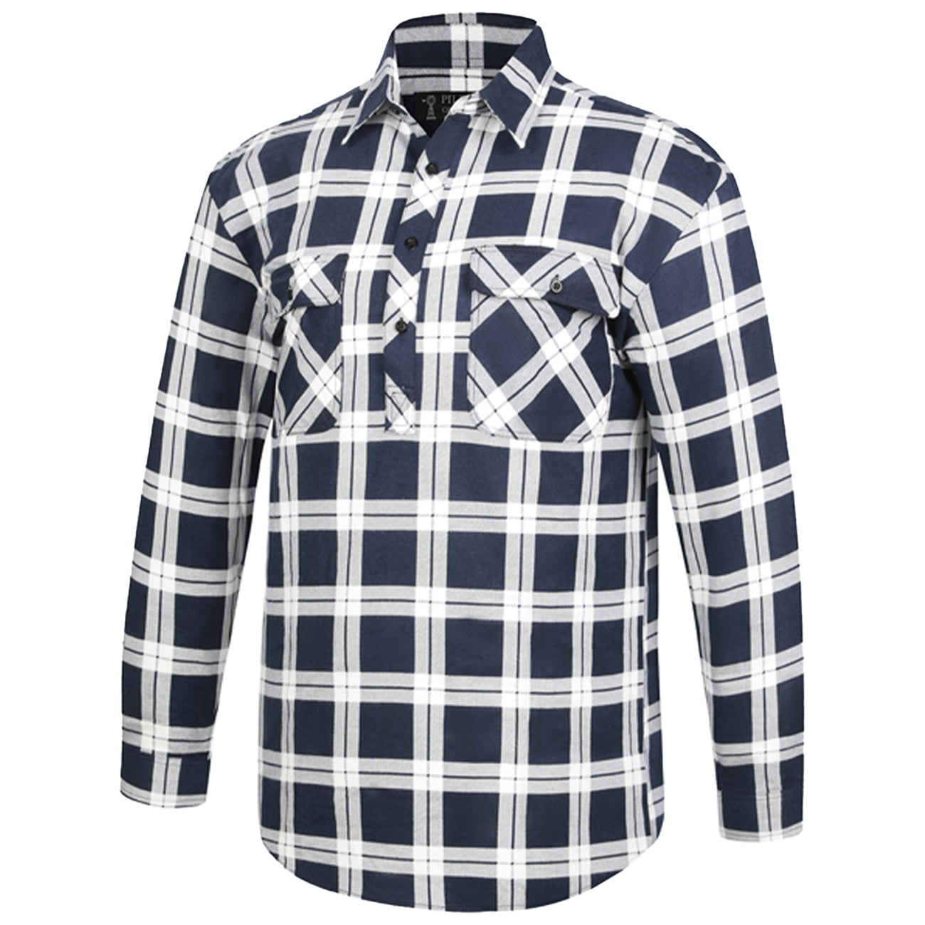 The Ritemate Mens Pilbara Closed Front L/S Flannelette Shirt (RM123SCF) in navy/white is a long-sleeve men's shirt featuring a button-up front, two chest pockets with button flaps, and a plaid pattern.