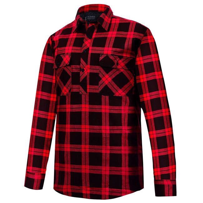 The Ritemate Mens Pilbara Closed Front L/S Flannelette Shirt (RM123SCF) in Red/Black is a durable, long-sleeve work shirt with two chest pockets and a classic collar—perfect for those seeking quality Pilbara flannelette shirts.