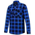 The Ritemate Mens Pilbara Closed Front L/S Flannelette Shirt (RM123SCF) in Royal/Navy offers UPF 50+ protection, two button-flap chest pockets, and durable style—ideal as a men's work shirt.