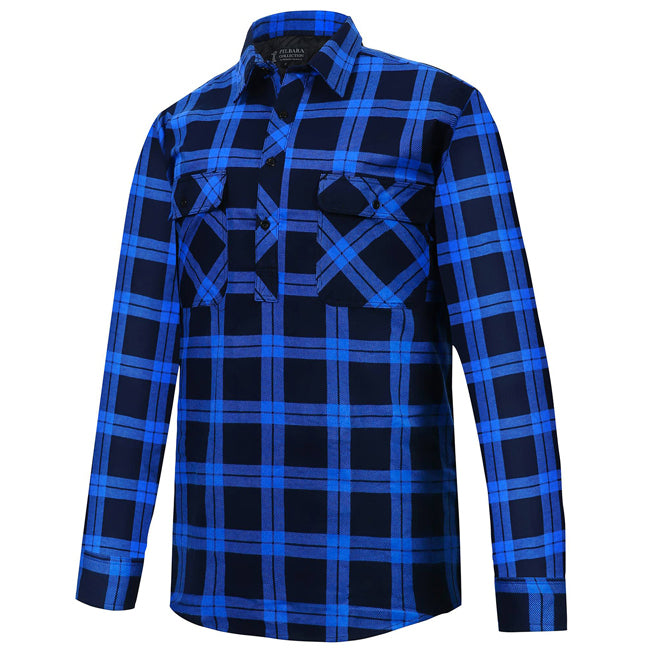 The Ritemate Mens Pilbara Closed Front L/S Flannelette Shirt (RM123SCF) in Royal/Navy offers UPF 50+ protection, two button-flap chest pockets, and durable style—ideal as a men's work shirt.
