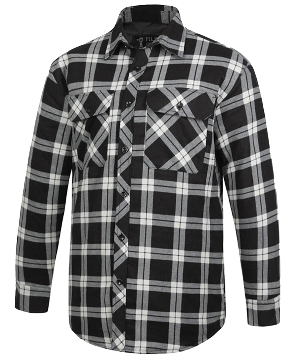 The Ritemate Mens Pilbara Open Front L/S Flannelette Quilted Shirt (RM123SQS) in Grey/Black is made from 100% cotton flannelette with a black, white, and gray plaid pattern and two chest pockets with buttoned flaps.
