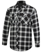 The Ritemate Mens Pilbara Open Front L/S Flannelette Quilted Shirt (RM123SQS) in Grey/Black is made from 100% cotton flannelette with a black, white, and gray plaid pattern and two chest pockets with buttoned flaps.