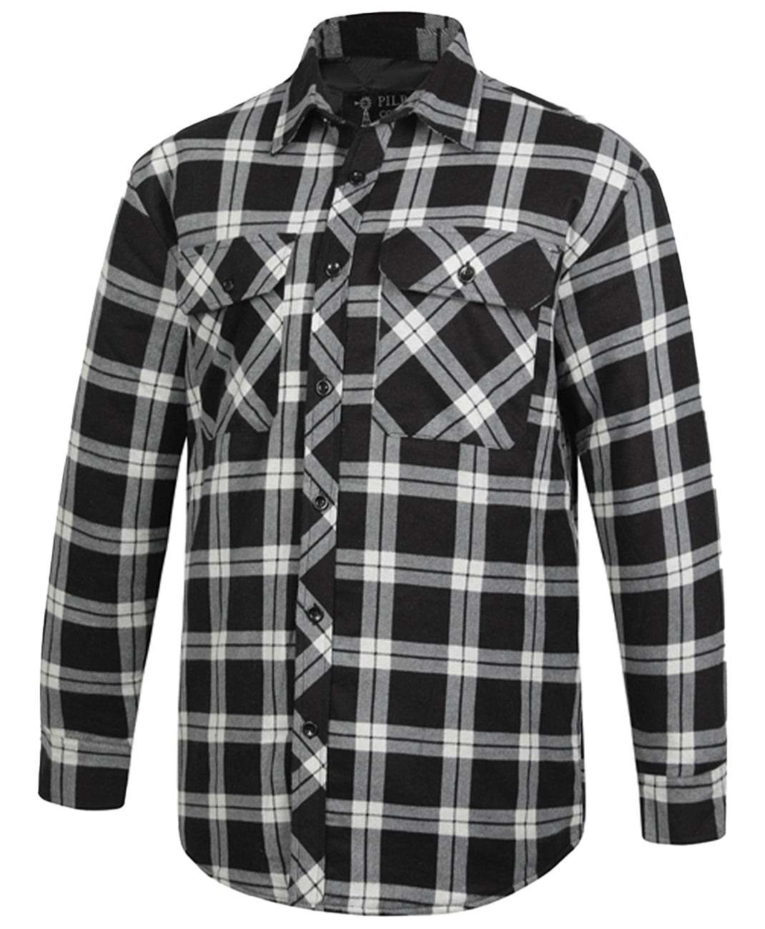 The Ritemate Mens Pilbara Open Front L/S Flannelette Quilted Shirt (RM123SQS) in Grey/Black is made from 100% cotton flannelette with a black, white, and gray plaid pattern and two chest pockets with buttoned flaps.