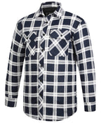 The Ritemate Mens Pilbara Open Front L/S Flannelette Quilted Shirt (RM123SQS) features a navy/white plaid design, soft cotton flannelette fabric, long sleeves, and two front flap chest pockets.